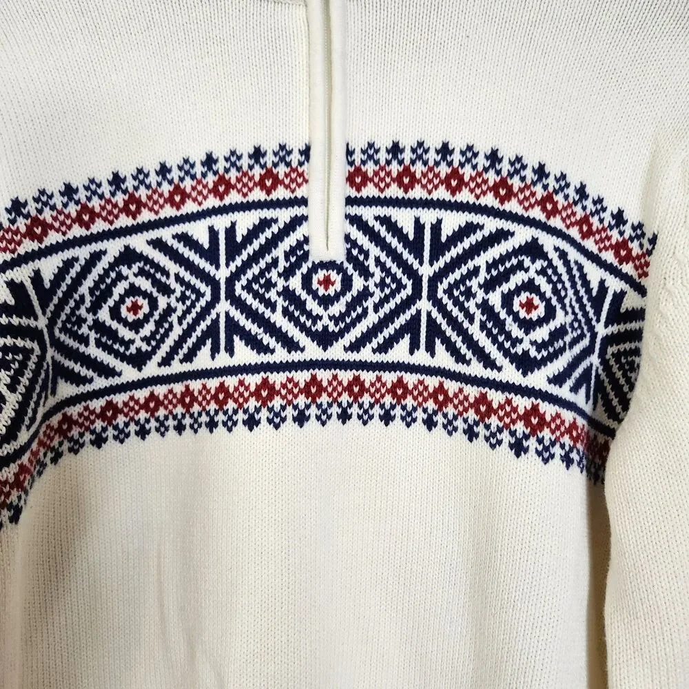 Izod Mens L Knit 1/4 Zip Sweater Ski Lodge Fair Isle Nordic Ivory Navy Red